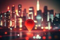 Travel and technologogy concept. Gps icon on bokeh city skyline background. Generative ai