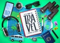 Travel Text in Notebook on Top of Map with 3D Realistic  Traveling Item Elements Like Passport, Compass Royalty Free Stock Photo