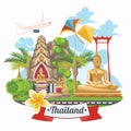 Travel Thailand landmarks with airplane. Thai vector icons. Royalty Free Stock Photo