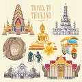 Travel Thailand landmarks with colorful elements. Thai vector icons.