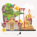 Travel Thailand landmarks with girl dancer. Thai vector icons.