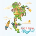 Travel Thailand landmarks with Thailand map and ocean. Thai vector icons. Royalty Free Stock Photo