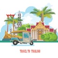 Travel Thailand landmarks with tuktuk. Thai vector icons. Royalty Free Stock Photo