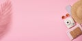 Stylish straw hat against pink background copy space long banner Royalty Free Stock Photo