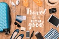 Planning for trip set of travel accessories on wooden floor Royalty Free Stock Photo