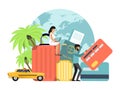 Travel things set concept vector illustration. Passport, ticket and cards for success trip. Luggage and taxi cab for