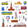 Travel Time with City Landmarks and Trip Attributes Like Backpack, Camera and Passport Vector Set