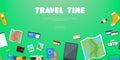 Travel time. Horizontal advertising banner on theme travel, vacation. Preparing for journey. Green backdrop with things