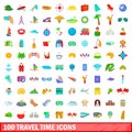 100 travel time icons set, cartoon style Royalty Free Stock Photo
