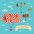 Travel time illustration. Vector postcard with airship and clouds on blue sky.