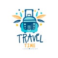 Travel time logo design, summer vacation, weekend tour, tourist agency creative label with suitcase vector Illustration Royalty Free Stock Photo