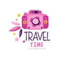 Travel time logo design, summer vacation, weekend tour, tourist agency creative label vector Illustration Royalty Free Stock Photo