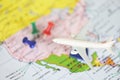 Travel time or plan for travelling concept / travel planning with airplane destination points on a map pin Royalty Free Stock Photo