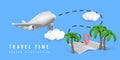 Travel time promo banner design. Summer 3d realistic render vector objects. Tropical palm tree, plane, pin point marker on map. Royalty Free Stock Photo