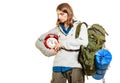 Travel time season. Man backpacker holding clock. Royalty Free Stock Photo