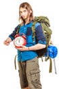 Travel time season. Man backpacker holding clock. Royalty Free Stock Photo