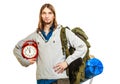 Travel time season. Man backpacker holding clock. Royalty Free Stock Photo