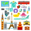 Travel time summer vacation vector symbols in flat style traveling and tourism icons accessories illustration Royalty Free Stock Photo