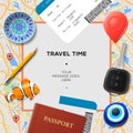 Travel time template. International passport, boarding pass, tickets with barcode, amulets and key on the map background
