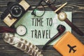 Travel. time to travel concept text sign, hipster flat lay. map Royalty Free Stock Photo