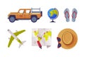 Travel Time and Tourism Symbol with Map, Plane, Car, Globe, Hat and Flip Flops Vector Set Royalty Free Stock Photo