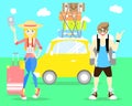 Travel time in vacation season with man and woman couple backpacker holding passport and car with colorful luggage suitcase flat v
