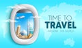 Travel time vector background design. Time to travel text with 3d airplane window view of international tourist destination.