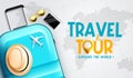 Travel time vector background design. Time to travel text with 3d gold pin icon and hot air balloon in globe element. Royalty Free Stock Photo