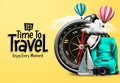 Travel time vector design. It`s time to travel text in yellow empty space with traveler compass elements