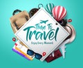 Travel time vector template design. Time to travel text in empty space frame with traveler elements