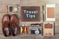 Travel tips concept - camera, passport, map, notepad, compass and other stuff for travel