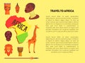 Travel to Africa Banner Template with Information Text, Map of Africa with Animals, Aboriginal and Cultural Signs Vector Royalty Free Stock Photo