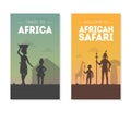 Travel to Africa, Welcome to African Safary Banner Templates Set with Silhouettes of Native Tribal People in Traditional Royalty Free Stock Photo