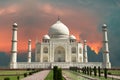Travel to Agra, India, Taj Mahal and Red Stormy Sky Royalty Free Stock Photo