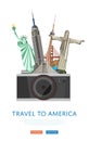 Travel to America poster with famous attractions.