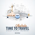 Travel to Australia. Time to Travel. Banner with airplane and hand-draw doodles on the background. Vector Illustration.