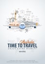 Travel to Australia. Time to Travel. Banner with airplane and hand-draw doodles on the background. Vector Illustration.