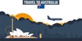 Travel to Australia. Travel and Tourism banner. Clouds and sun w