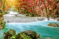 Travel to the beautiful waterfall in tropical rain forest, soft water of the stream in the natural park at Huai Mae Khamin Royalty Free Stock Photo