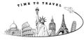 Travel to Big Ben London, Eiffel tower Paris, Roma Colloseum, Pisa, Statue of liberty NYC, Royalty Free Stock Photo