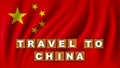 Travel to China Text Title - Square Wooden Concept - Wave Flag Background - 3D Illustration Royalty Free Stock Photo