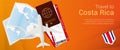 Travel to Costa Rica pop-under banner. Trip banner with passport, tickets, airplane, boarding pass, map and flag of Costa Rica