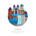 Travel to Czech Republic flat illustration. Prague city symbols and touristic landmarks. City building icons