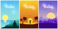 Travel to Delhi, India and Asia. Mountain, sunset, sea, landscape and silhouettes of architectural landmarks, meditating woman and