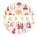 Travel to Different Country Hand Drawn Vector Circle Template
