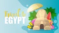 Travel to Egypt. Blue banner on the theme of vacation in Egypt. Egyptian sphinx, palm trees, umbrella, flippers, rubber