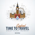 Travel to England. Time to Travel. Banner with airplane and hand-draw doodles on the background. Vector Illustration. Royalty Free Stock Photo