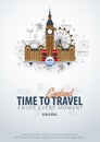 Travel to England. Time to Travel. Banner with airplane and hand-draw doodles on the background. Vector Illustration. Royalty Free Stock Photo