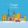 Travel to Europe for christmas. Merry Christmas greeting card design. Royalty Free Stock Photo