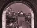 Travel to Europe Estonia Tallinn medieval towers view from window at old town cafedral Aleksandr Nevskiy panor